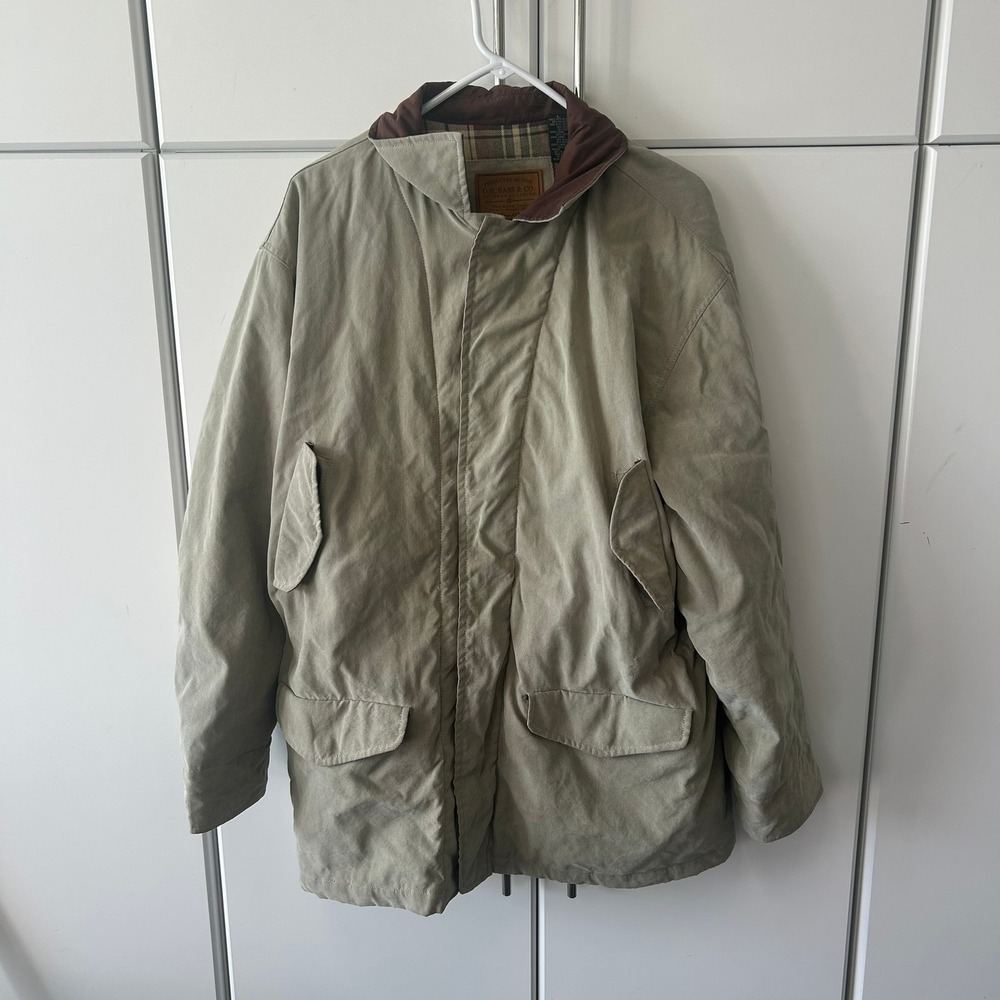 GH Bass & Co Mens Large Field Jacket Olive Green Plaid Lined Chore Coat Utility